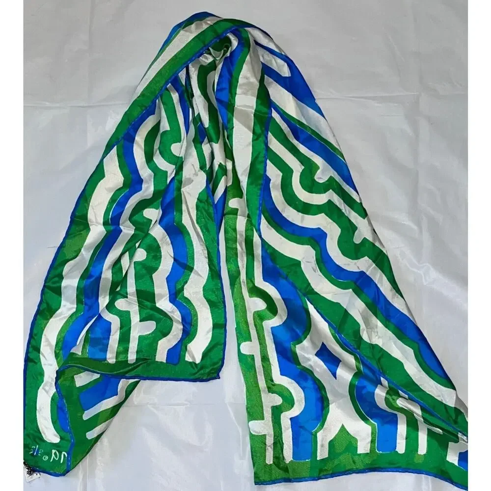 Vintage VERA Neumann Scarf - ladybug signed Blue & Green Rayon & Silk 15